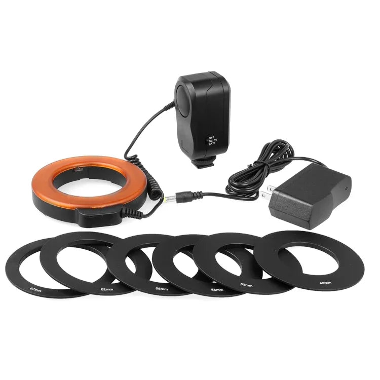 圓形 LED 補光燈，48 顆 LED 燈與 6 個轉接環（49mm/52mm/55mm/58mm/62mm/67mm），適用微距鏡頭