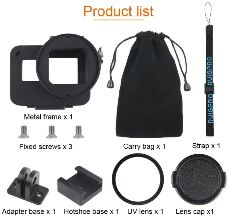 GoPro HERO7 Black /6 /5 專用 CNC 鋁合金保護殼，附保險框架及 52mm UV 鏡片，52mm UV 黑色