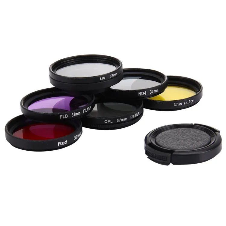 JUNESTAR 7合1 專業 37mm 鏡頭濾鏡（CPL + UV + ND4 + 紅色 + 黃色 + FLD / 紫色）及鏡頭保護蓋，適用於 GoPro HERO4 / 3+ / 3 運動相機，7合1