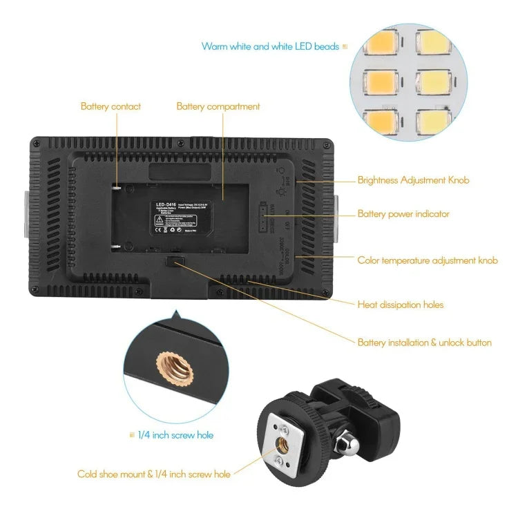 LED01 416 顆 LED 3600 流明專業 Vlogging 攝影錄影及攝影棚燈，適用 Canon / Nikon DSLR 相機，416 顆 LED