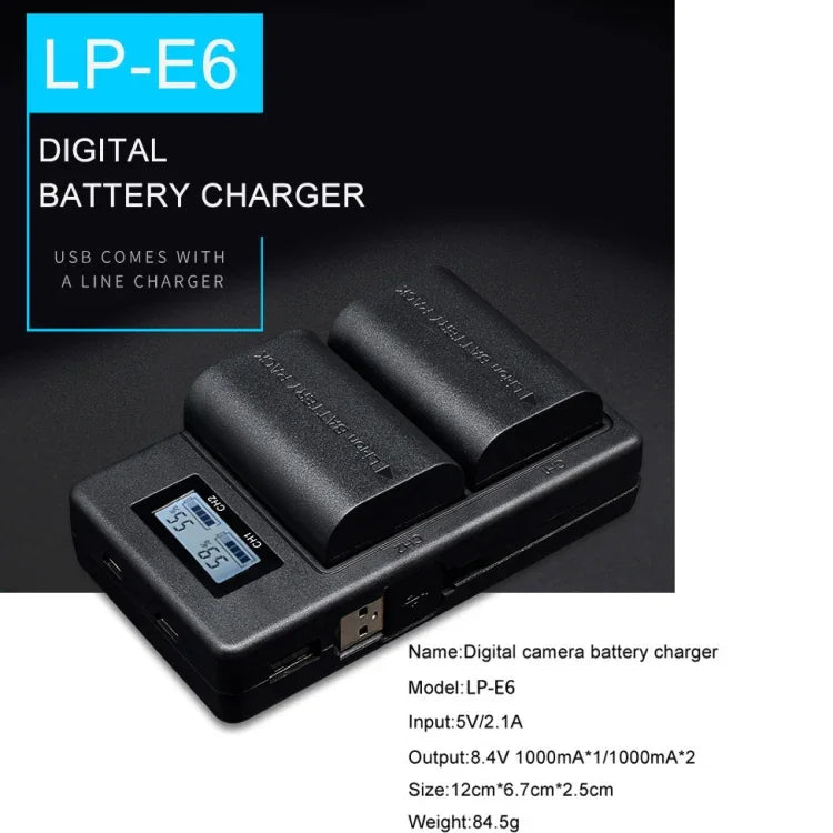 LP-E6 數位相機單眼電池數位 LCD 充電器，適用於 Canon 系列，LP-E6