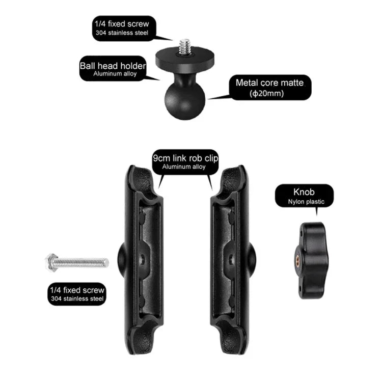 9公分連接桿 20mm 球頭摩托車把手固定支架，附三腳架轉接器及螺絲，適用 GoPro、Insta360、DJI 及其他運動相機，9.5公分連接桿支架