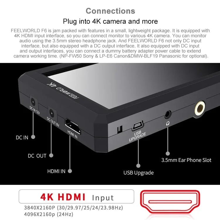 FEELWORLD F6 1920x1080 5.5 吋 IPS 螢幕 HDMI 4K 攝影機現場監視器，F6