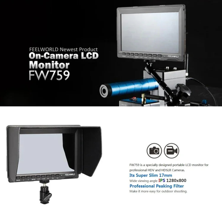 FEELWORLD FW759 1280x800 7 吋 IPS 螢幕超薄高清攝影機現場監視器，FW759