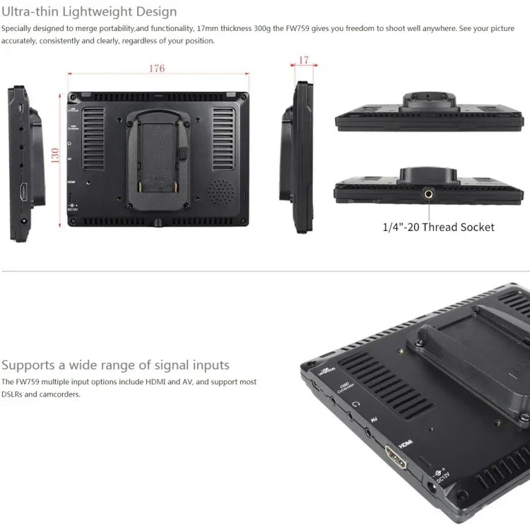 FEELWORLD FW759 1280x800 7 吋 IPS 螢幕超薄高清攝影機現場監視器，FW759