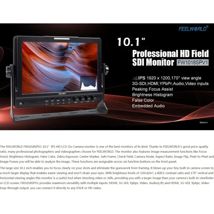 FEELWORLD FW1018SPV1 1920x1200 10.1 吋 IPS 螢幕高清彩色 LCD 導演攝影機現場監視器，FW1018SPV1