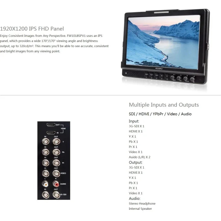 FEELWORLD FW1018SPV1 1920x1200 10.1 吋 IPS 螢幕高清彩色 LCD 導演攝影機現場監視器，FW1018SPV1