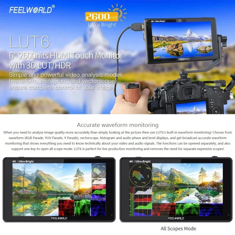 FEELWORLD LUT6 1920x1080 2600 尼特 6 吋 IPS 螢幕 HDMI 4K 觸控控制攝影機現場監視器，LUT6