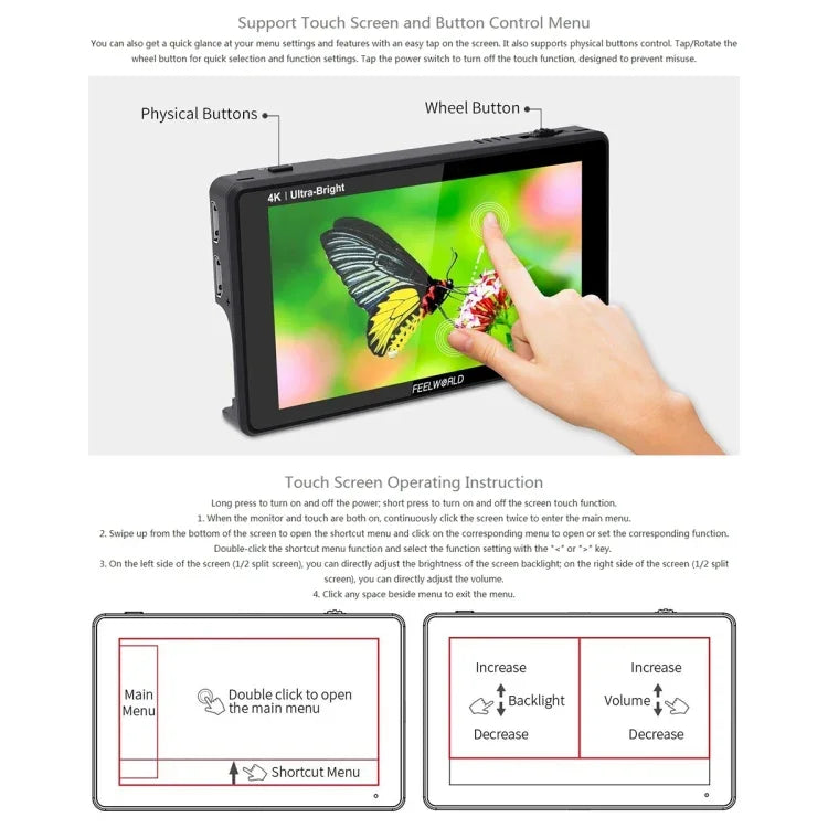 FEELWORLD LUT6 1920x1080 2600 尼特 6 吋 IPS 螢幕 HDMI 4K 觸控控制攝影機現場監視器，LUT6
