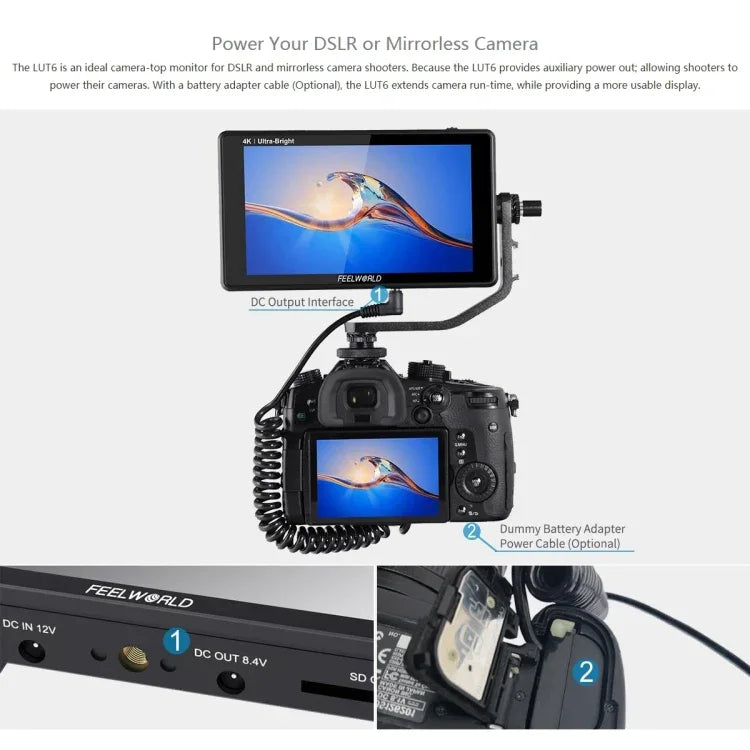 FEELWORLD LUT6 1920x1080 2600 尼特 6 吋 IPS 螢幕 HDMI 4K 觸控控制攝影機現場監視器，LUT6