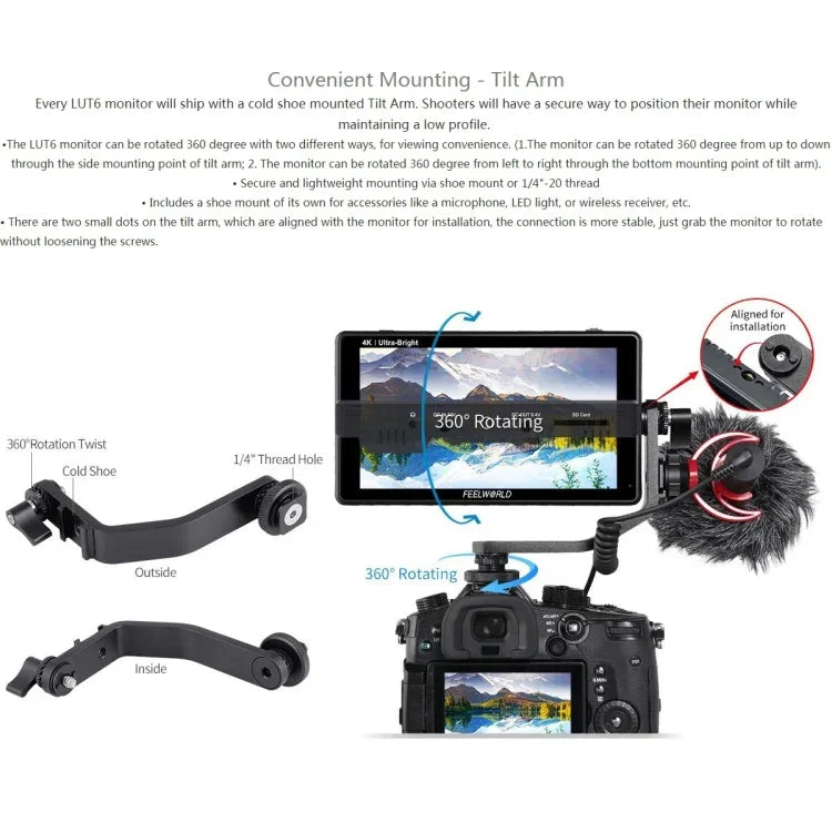FEELWORLD LUT6 1920x1080 2600 尼特 6 吋 IPS 螢幕 HDMI 4K 觸控控制攝影機現場監視器，LUT6