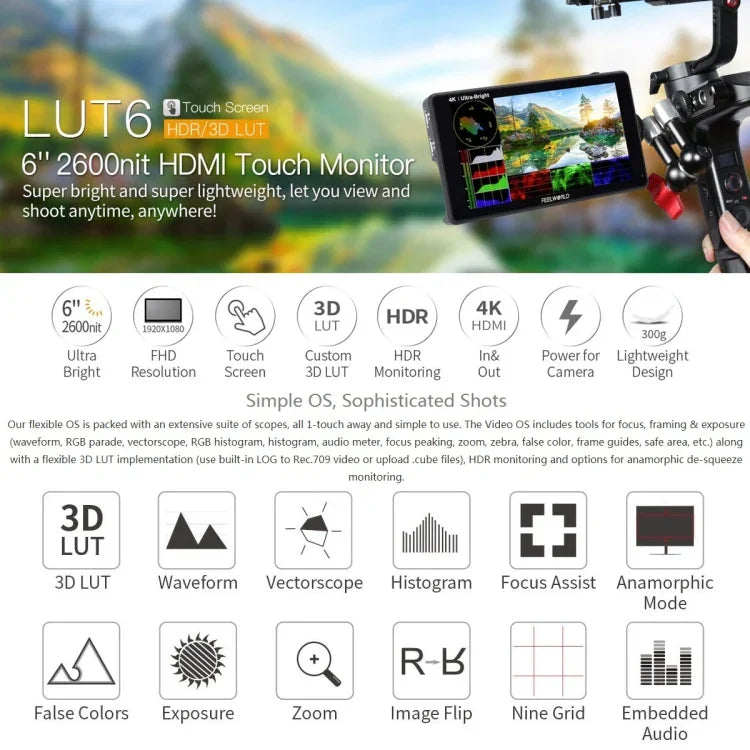 FEELWORLD LUT6 1920x1080 2600 尼特 6 吋 IPS 螢幕 HDMI 4K 觸控控制攝影機現場監視器，LUT6