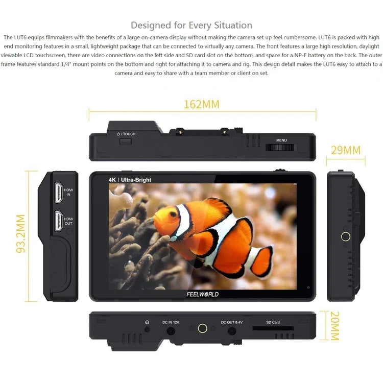 FEELWORLD LUT6 1920x1080 2600 尼特 6 吋 IPS 螢幕 HDMI 4K 觸控控制攝影機現場監視器，LUT6