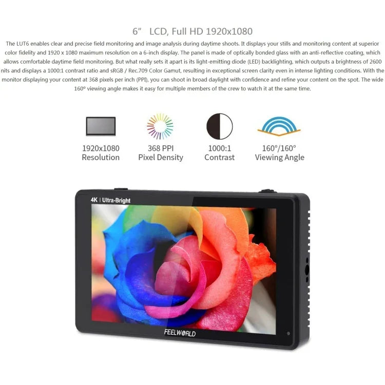 FEELWORLD LUT6 1920x1080 2600 尼特 6 吋 IPS 螢幕 HDMI 4K 觸控控制攝影機現場監視器，LUT6