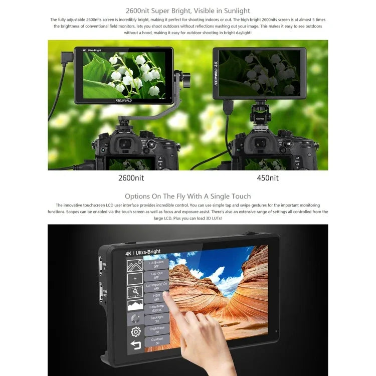 FEELWORLD LUT6 1920x1080 2600 尼特 6 吋 IPS 螢幕 HDMI 4K 觸控控制攝影機現場監視器，LUT6