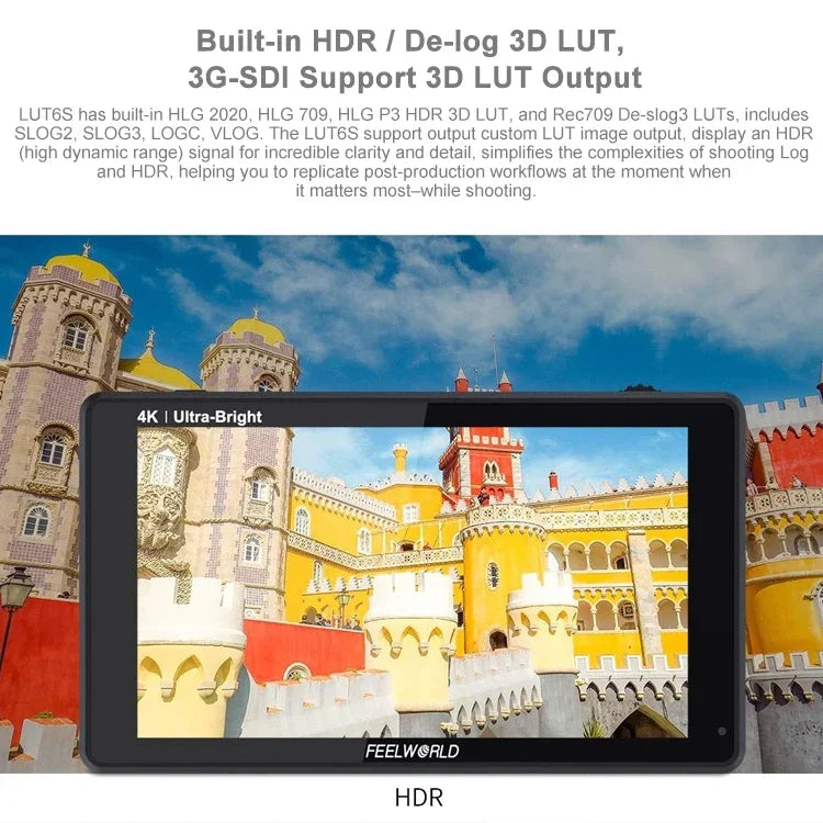 FEELWORLD LUT6S 1920x1080 2600 尼特 6 吋 IPS 螢幕 HDMI 4K 觸控螢幕 SDI HDI 攝影機現場監視器，LUT6S