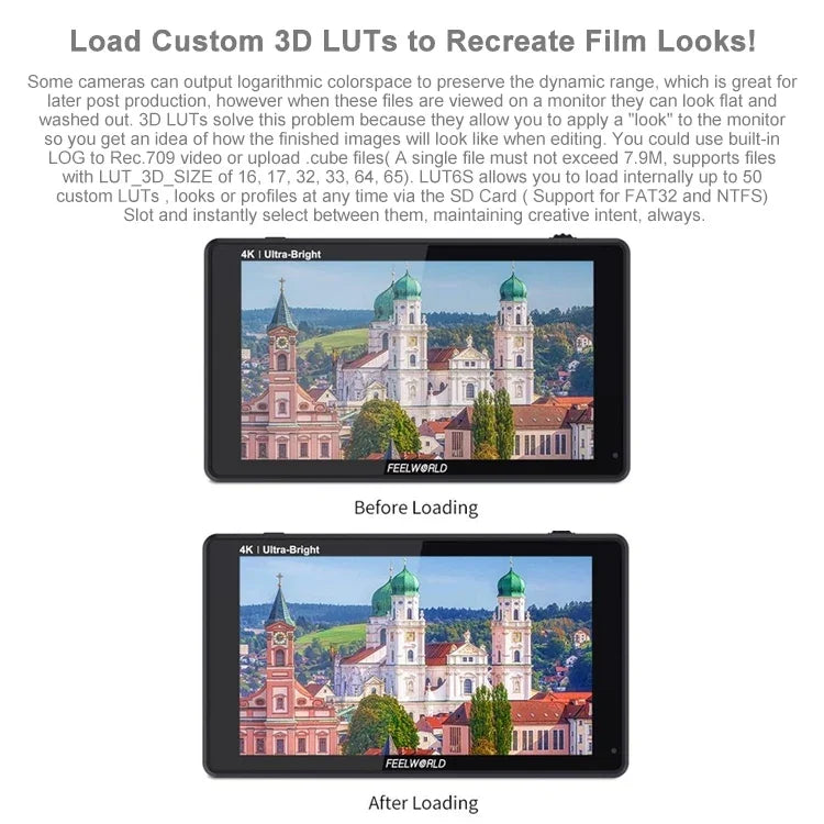 FEELWORLD LUT6S 1920x1080 2600 尼特 6 吋 IPS 螢幕 HDMI 4K 觸控螢幕 SDI HDI 攝影機現場監視器，LUT6S