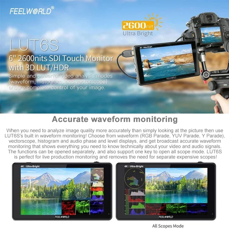 FEELWORLD LUT6S 1920x1080 2600 尼特 6 吋 IPS 螢幕 HDMI 4K 觸控螢幕 SDI HDI 攝影機現場監視器，LUT6S