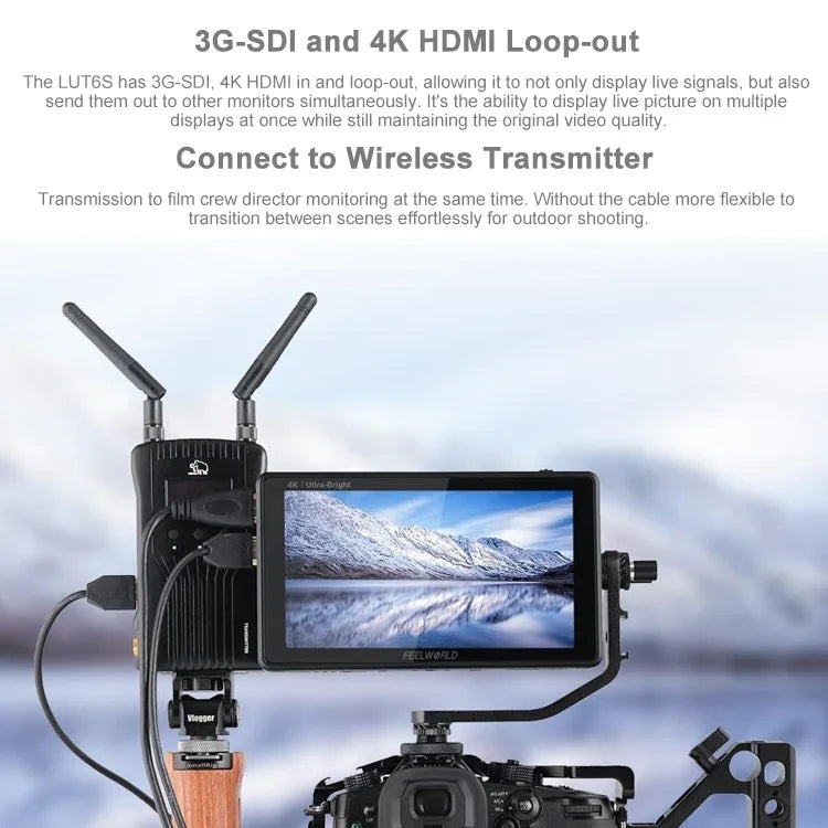 FEELWORLD LUT6S 1920x1080 2600 尼特 6 吋 IPS 螢幕 HDMI 4K 觸控螢幕 SDI HDI 攝影機現場監視器，LUT6S