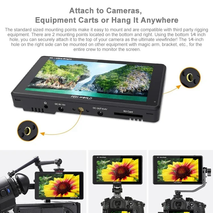 FEELWORLD LUT6S 1920x1080 2600 尼特 6 吋 IPS 螢幕 HDMI 4K 觸控螢幕 SDI HDI 攝影機現場監視器，LUT6S