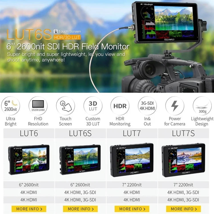 FEELWORLD LUT6S 1920x1080 2600 尼特 6 吋 IPS 螢幕 HDMI 4K 觸控螢幕 SDI HDI 攝影機現場監視器，LUT6S