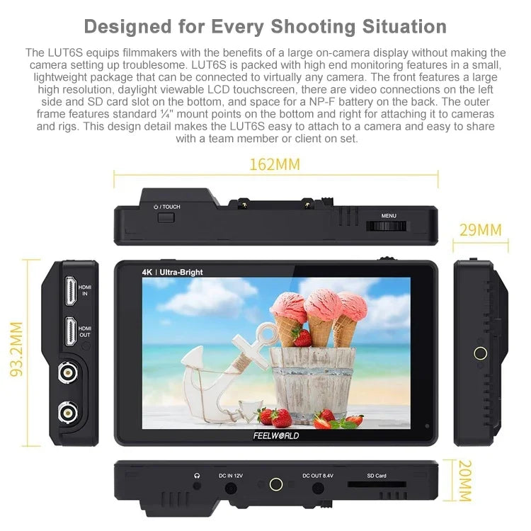 FEELWORLD LUT6S 1920x1080 2600 尼特 6 吋 IPS 螢幕 HDMI 4K 觸控螢幕 SDI HDI 攝影機現場監視器，LUT6S