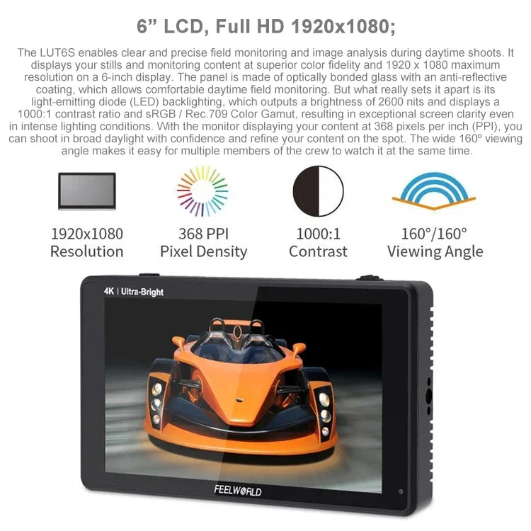FEELWORLD LUT6S 1920x1080 2600 尼特 6 吋 IPS 螢幕 HDMI 4K 觸控螢幕 SDI HDI 攝影機現場監視器，LUT6S