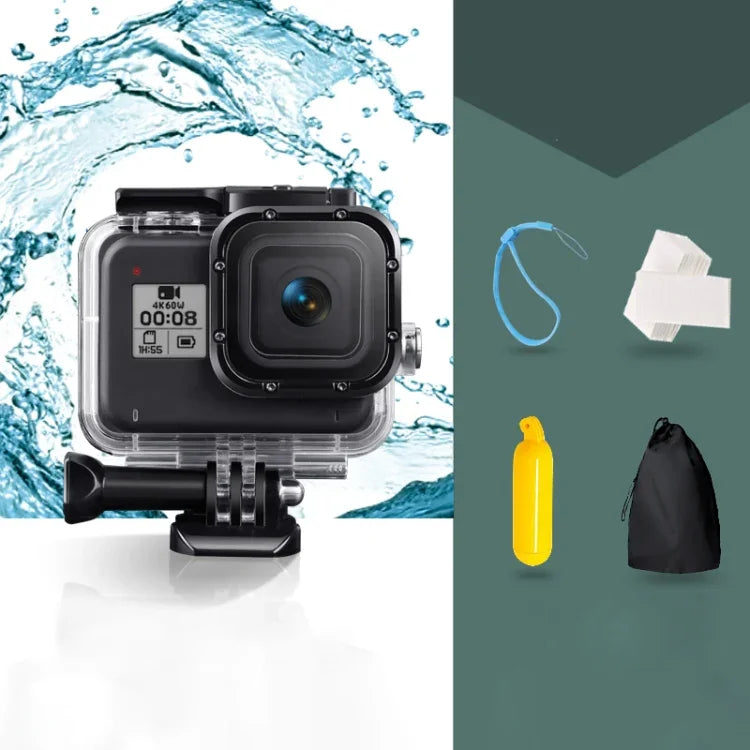 適用於 GoPro HERO8 Black 45米防水保護殼，含扣環基本支架與螺絲、浮漂握把、背帶及防霧片，透明 HERO8 保護殼
