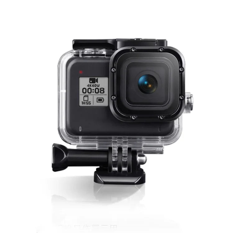 適用於 GoPro HERO8 Black 45米防水保護殼，含扣環基本支架與螺絲、浮漂握把、背帶及防霧片，透明 HERO8 保護殼