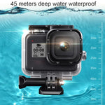 適用於 GoPro HERO8 Black 45米防水保護殼，含扣環基本支架與螺絲、浮漂握把、背帶及防霧片，透明 HERO8 保護殼