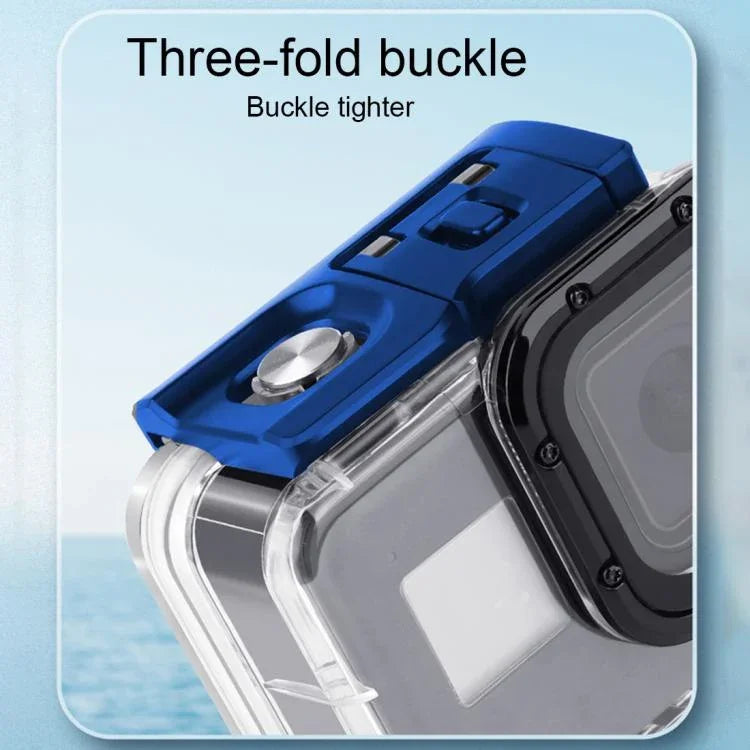 適用於 GoPro HERO8 Black 45米防水保護殼，含扣環基本支架與螺絲、浮漂握把、背帶及防霧片，透明 HERO8 保護殼