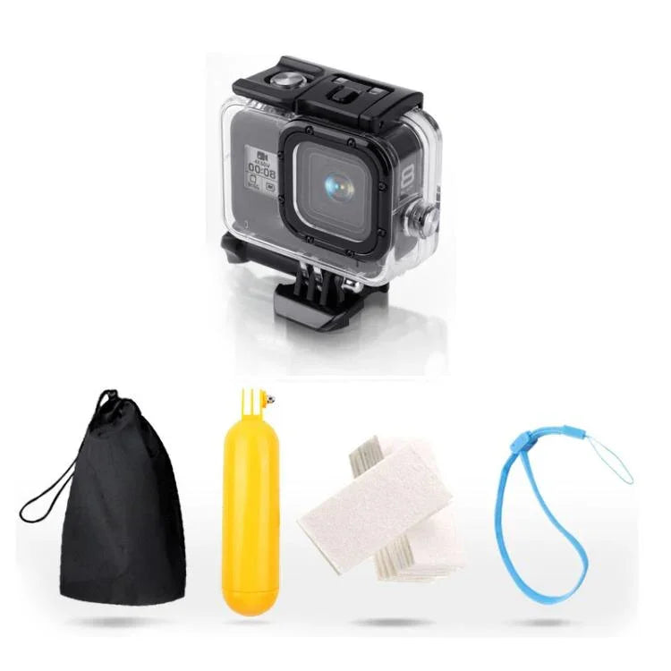 適用於 GoPro HERO8 Black 45米防水保護殼，含扣環基本支架與螺絲、浮漂握把、背帶及防霧片，透明 HERO8 保護殼