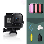 適用於 GoPro HERO8 Black 45米防水保護殼，附扣環基本支架與螺絲及（紫色、紅色、粉紅色）濾鏡、浮力握把、繩帶及防霧片，透明 HERO8 保護殼+濾鏡