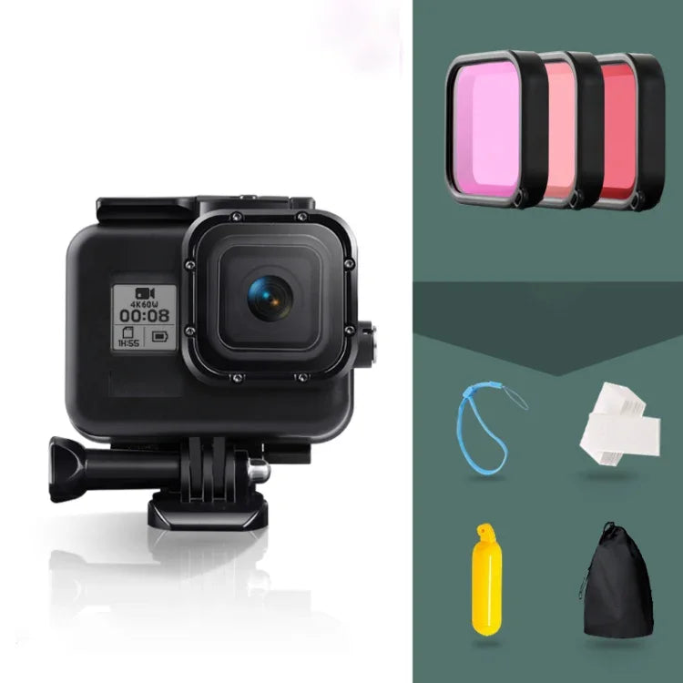 適用於 GoPro HERO8 Black 45米防水保護殼，附扣環基本支架與螺絲及（紫色、紅色、粉紅色）濾鏡、浮力握把、繩帶及防霧片，透明 HERO8 保護殼+濾鏡