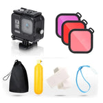 適用於 GoPro HERO8 Black 45米防水保護殼，附扣環基本支架與螺絲及（紫色、紅色、粉紅色）濾鏡、浮力握把、繩帶及防霧片，透明 HERO8 保護殼+濾鏡
