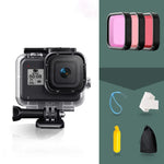 適用於 GoPro HERO8 Black 45米防水保護殼，含扣環基本支架與螺絲及（紫色、紅色、粉色）濾鏡、浮漂握把、背帶及防霧片，黑色 HERO8 保護殼+濾鏡