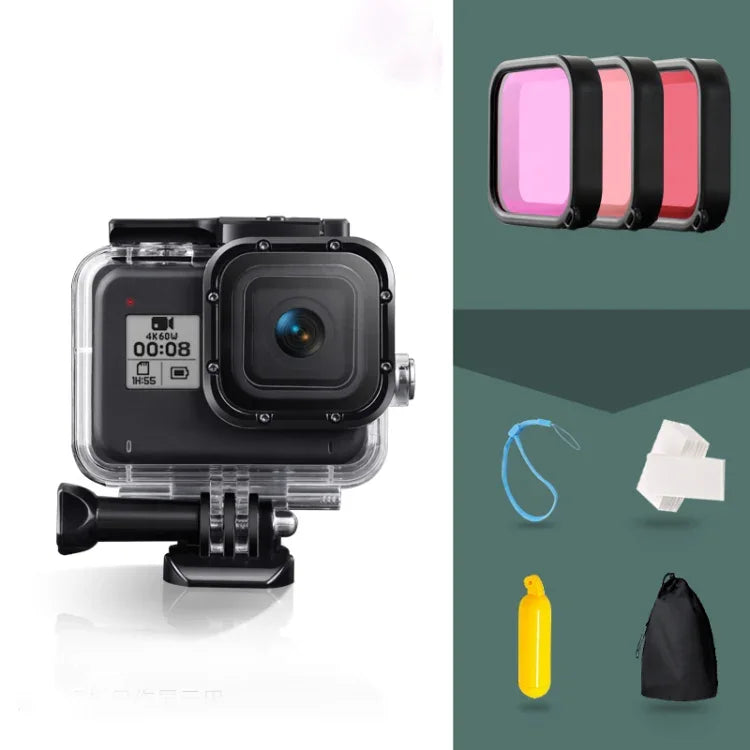 適用於 GoPro HERO8 Black 45米防水保護殼，含扣環基本支架與螺絲及（紫色、紅色、粉色）濾鏡、浮漂握把、背帶及防霧片，黑色 HERO8 保護殼+濾鏡