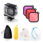 適用於 GoPro HERO8 Black 45米防水保護殼，含扣環基本支架與螺絲及（紫色、紅色、粉色）濾鏡、浮漂握把、背帶及防霧片，黑色 HERO8 保護殼+濾鏡