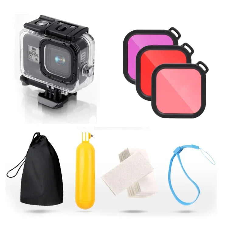 適用於 GoPro HERO8 Black 45米防水保護殼，含扣環基本支架與螺絲及（紫色、紅色、粉色）濾鏡、浮漂握把、背帶及防霧片，黑色 HERO8 保護殼+濾鏡