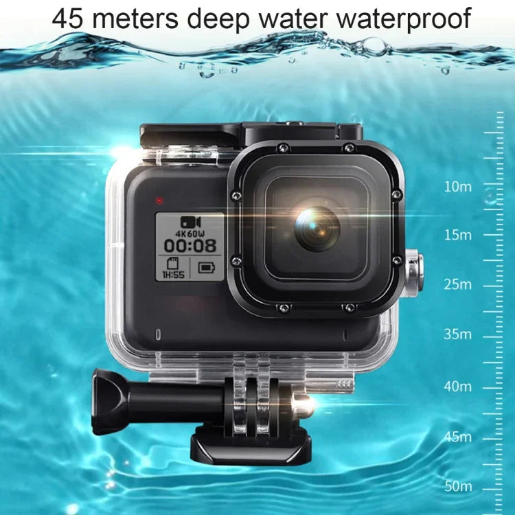 適用於 GoPro HERO8 Black 45米防水保護殼，含扣環基本支架與螺絲及（紫色、紅色、粉色）濾鏡、浮漂握把、背帶及防霧片，黑色 HERO8 保護殼+濾鏡
