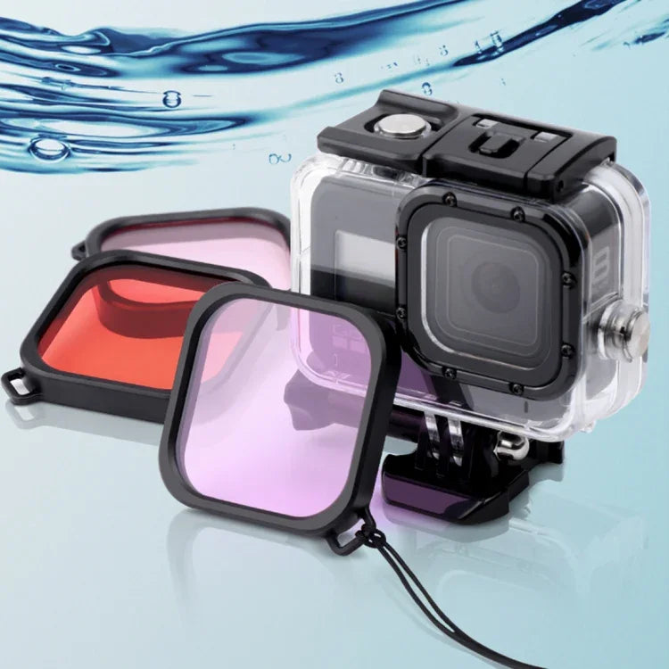 適用於 GoPro HERO8 Black 45米防水保護殼，含扣環基本支架與螺絲及（紫色、紅色、粉色）濾鏡、浮漂握把、背帶及防霧片，黑色 HERO8 保護殼+濾鏡