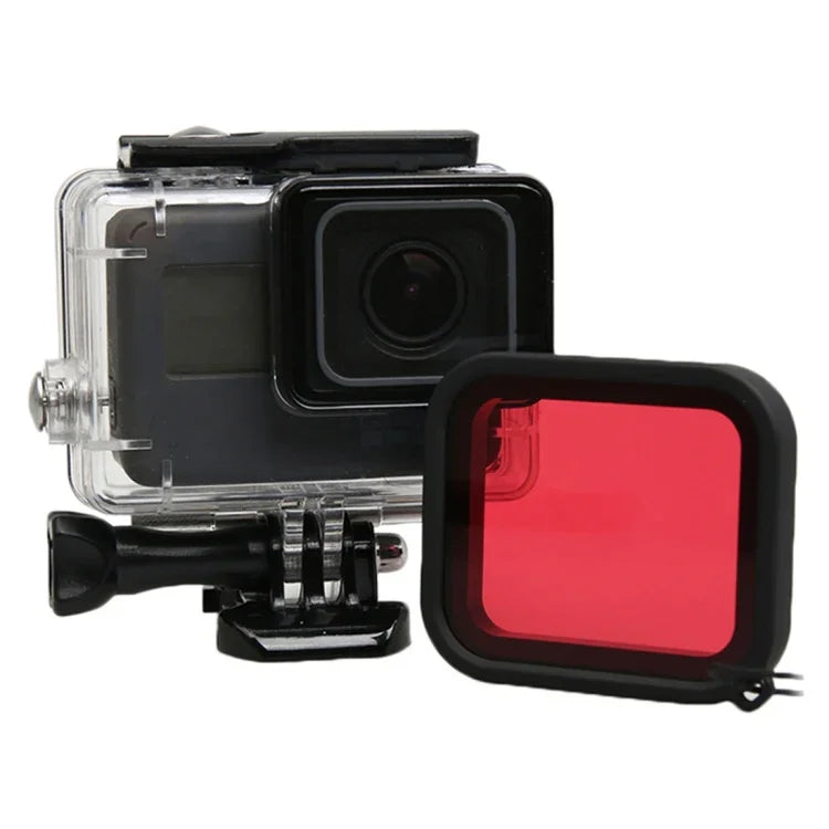 適用GoPro HERO5 30米防水PC與ABS保護殼+相機鏡頭紅色方形濾鏡，含扣環基本安裝座、長螺絲及防丟手繩，保護殼+濾鏡