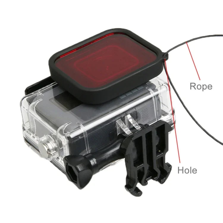 適用GoPro HERO5 30米防水PC與ABS保護殼+相機鏡頭紅色方形濾鏡，含扣環基本安裝座、長螺絲及防丟手繩，保護殼+濾鏡
