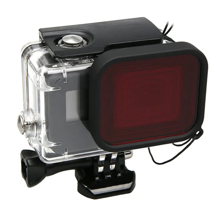 適用GoPro HERO5 30米防水PC與ABS保護殼+相機鏡頭紅色方形濾鏡，含扣環基本安裝座、長螺絲及防丟手繩，保護殼+濾鏡