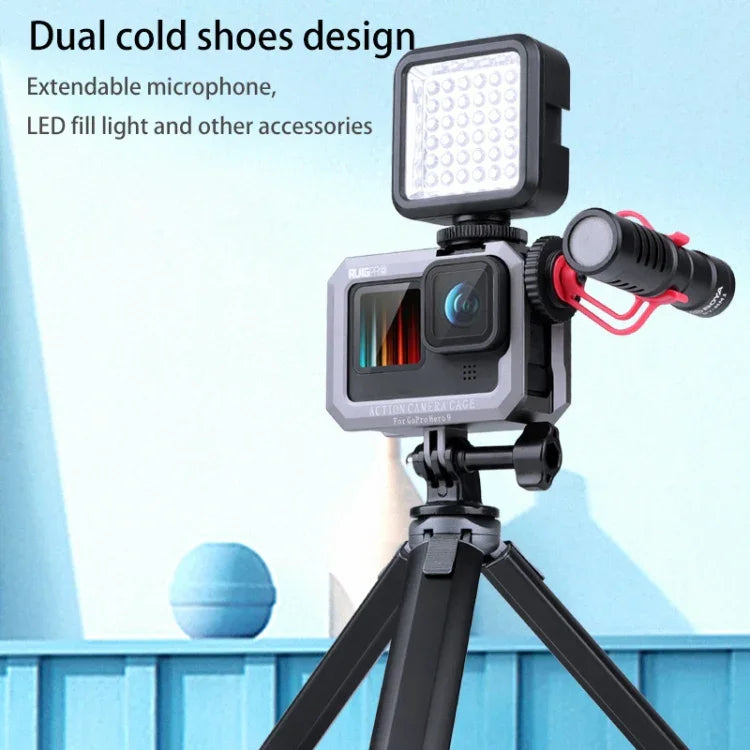 RUIGPRO 適用於 GoPro HERO10 Black / HERO9 Black 金屬邊框保護架，附雙冷靴底座，銀灰色