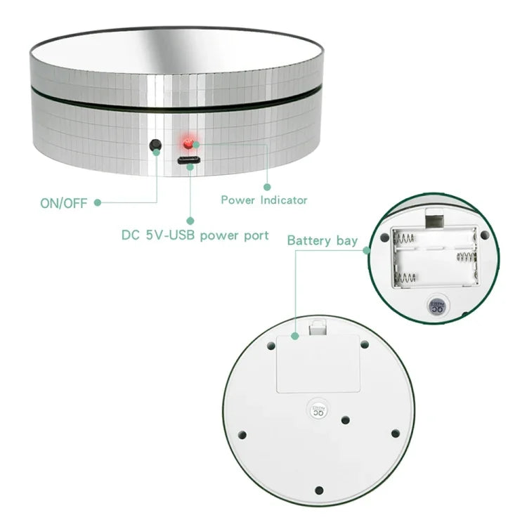 12 公分 360 度旋轉轉盤鏡面電動展示架，影片拍攝道具轉盤，承重 3 公斤，12 公分黑色鏡面，12 公分白色鏡面