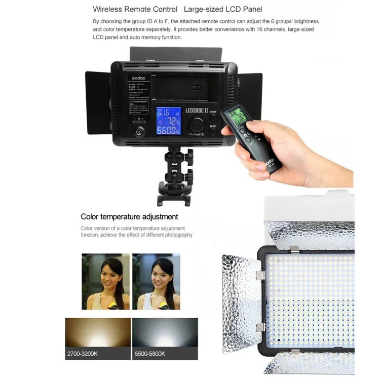 Godox LED308C II 308顆LED 可調光攝影燈 860LUX 專業 Vlog 影片及攝影棚燈 適用 Canon / Nikon DSLR 相機