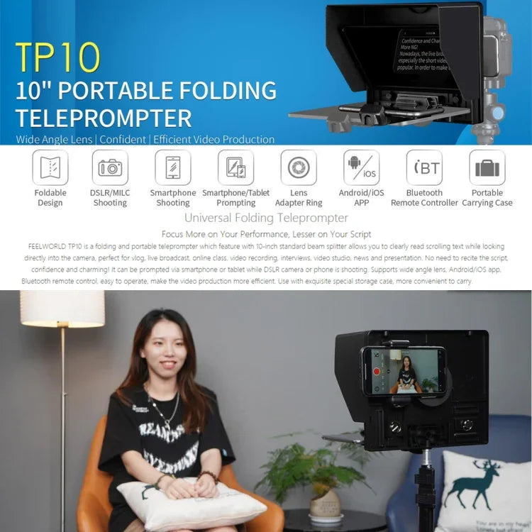 FEELWORLD TP10 便攜 10 吋折疊提詞器 附遙控器 鏡頭轉接環 適用 10 吋以下智慧型手機 / 平板, TP10