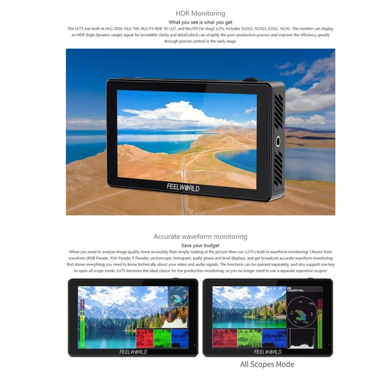 FEELWORLD LUT5 5.5 吋超高亮度 3000nit 觸控螢幕 DSLR 攝影機外接監視器，LUT5