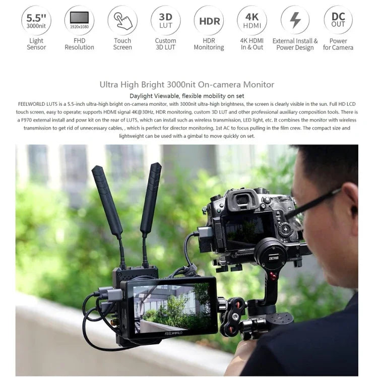 FEELWORLD LUT5 5.5 吋超高亮度 3000nit 觸控螢幕 DSLR 攝影機外接監視器，LUT5